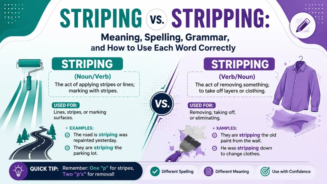 Striping vs. Stripping: Meaning, Spelling, Grammar, and How to Use Each Word Correctly